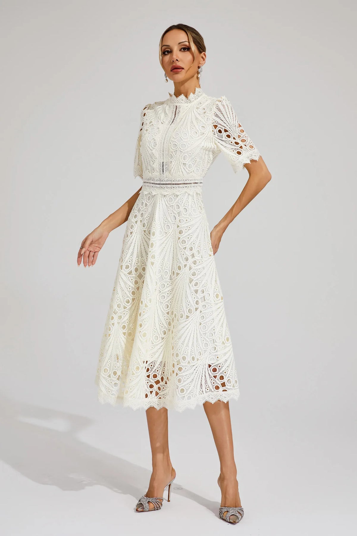Eyelet Lace Mock Neck Short Puff Sleeve A-Line Midi Dress 10