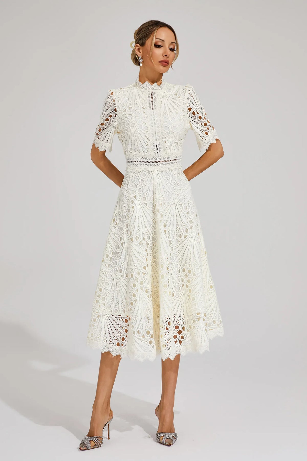 Eyelet Lace Mock Neck Short Puff Sleeve A-Line Midi Dress 12