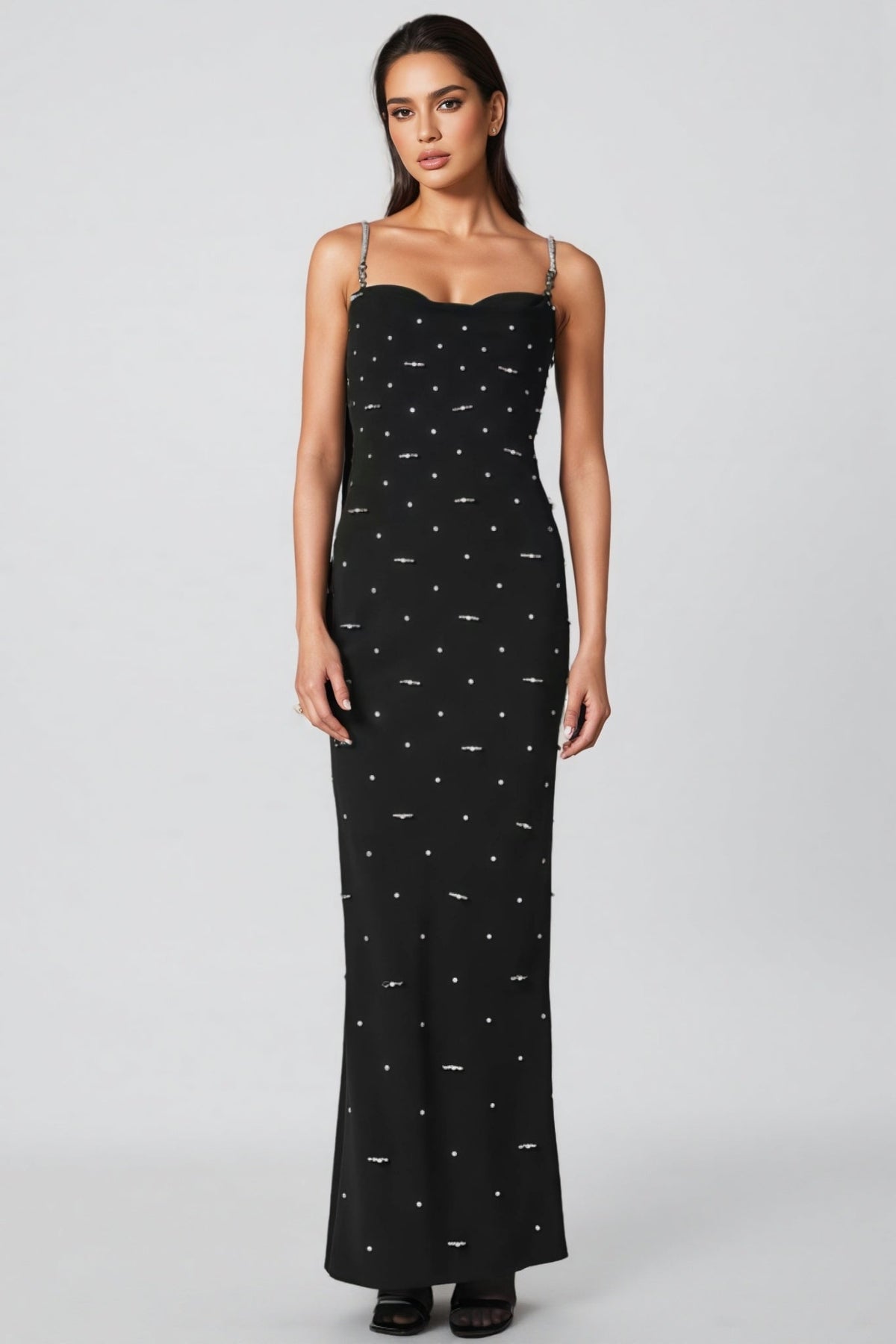 Sweetheart Neck Rhinestone Strap Beaded Column Maxi Dress