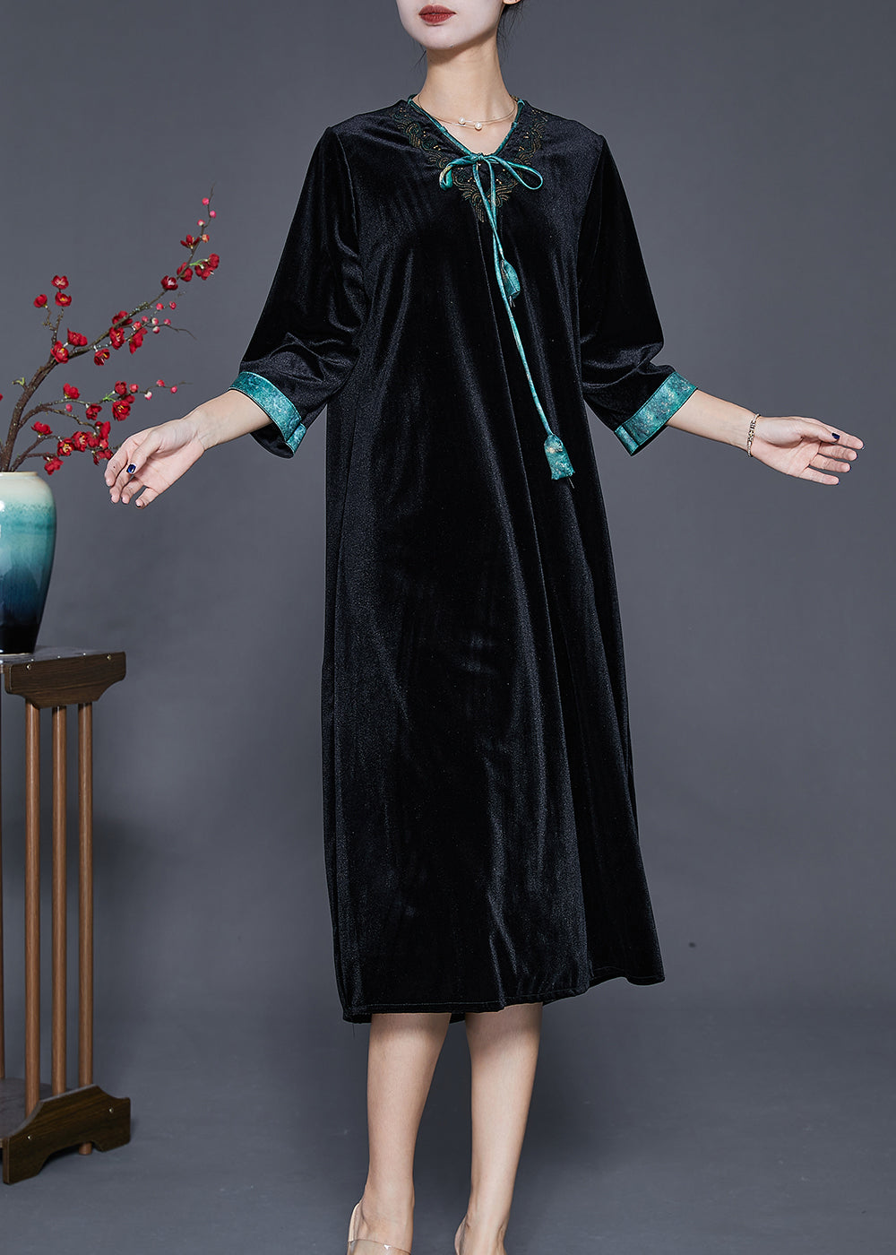 Velvet V-Neck Embroidered Tassel Tie Three Quarter Sleeve A-Line Midi Dress