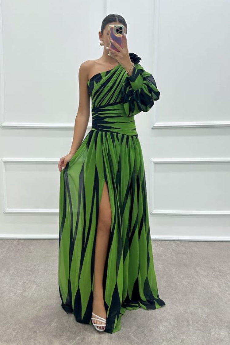 One Shoulder Puff Sleeve Ruched Waist Pleated High Split Maxi Gown