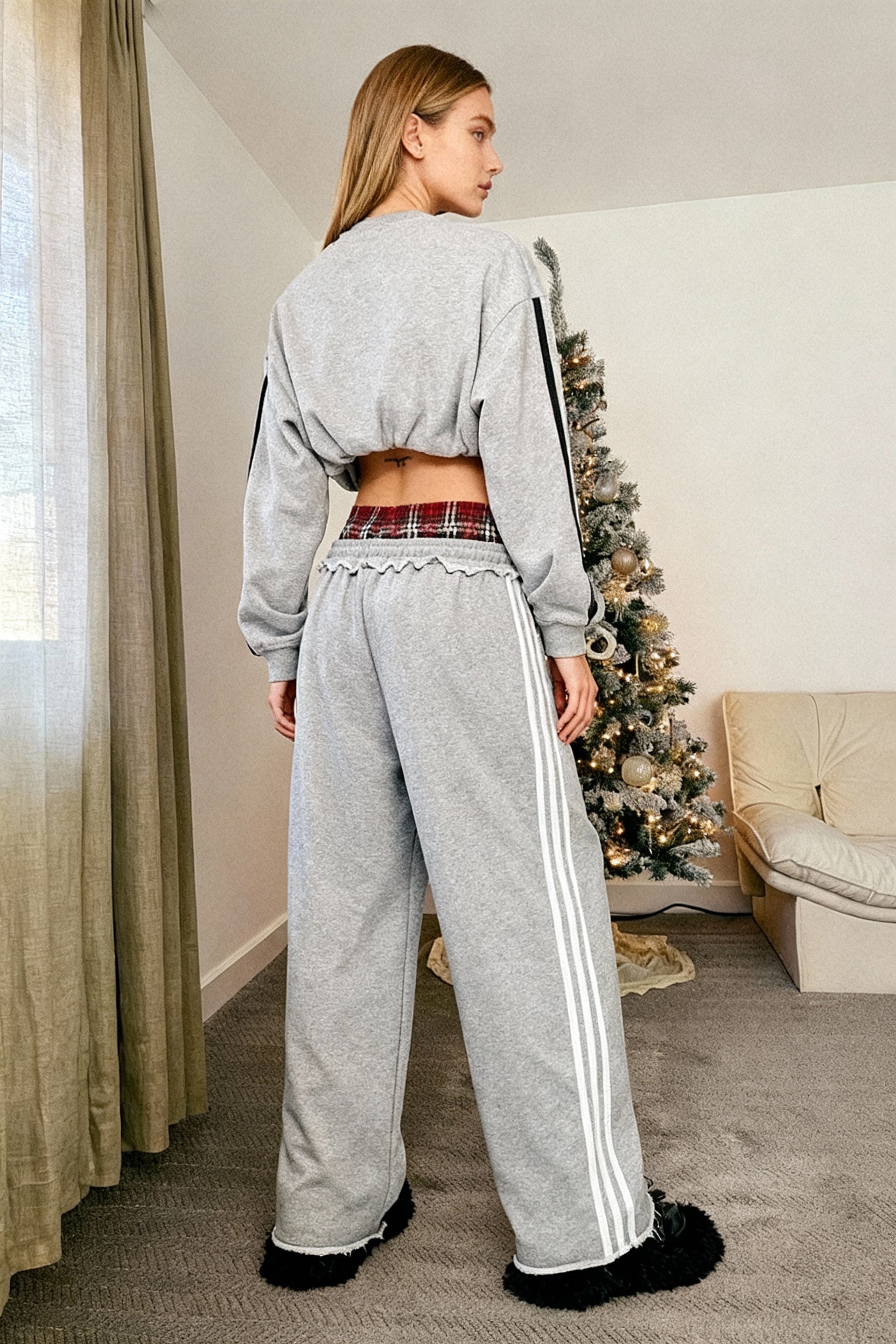 Stripe Plaid Panel Double Waist Wide Leg Pants