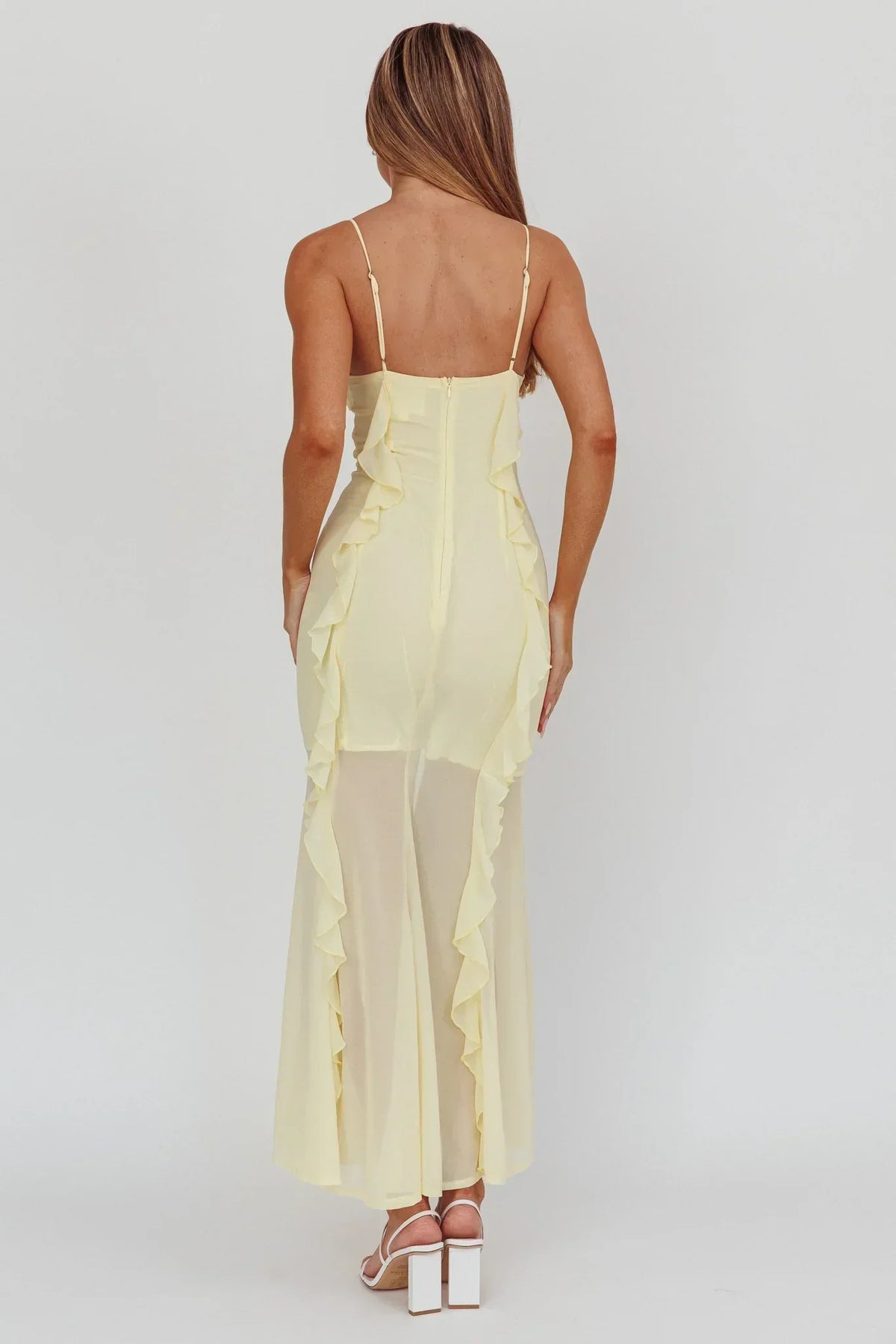 Sweetheart Spaghetti Strap Vertical Ruffle Chiffon High Split Maxi Dress 6