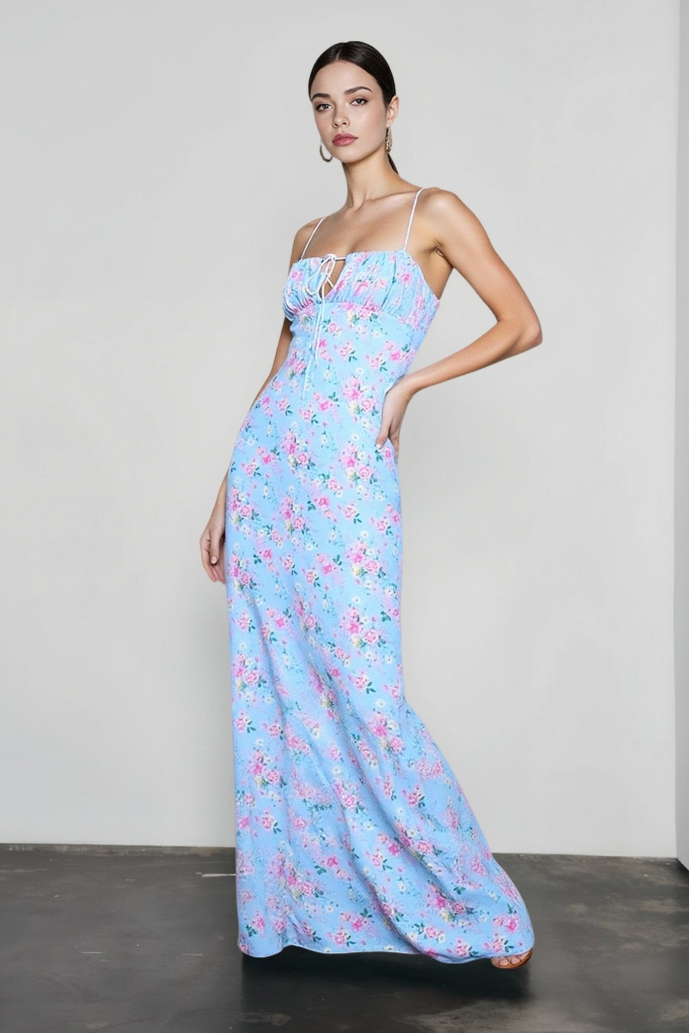 Floral Ruched Backless Tie Cami Mermaid Maxi Bodycon Dress