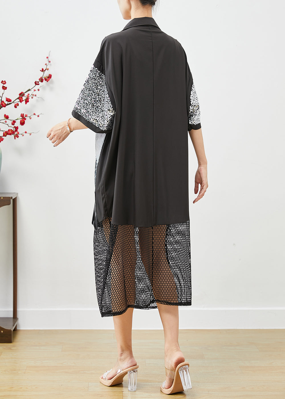 Sequin Sleeve Grommet Strap Graphic Print Fringe Mesh Hem Shirt Dress
