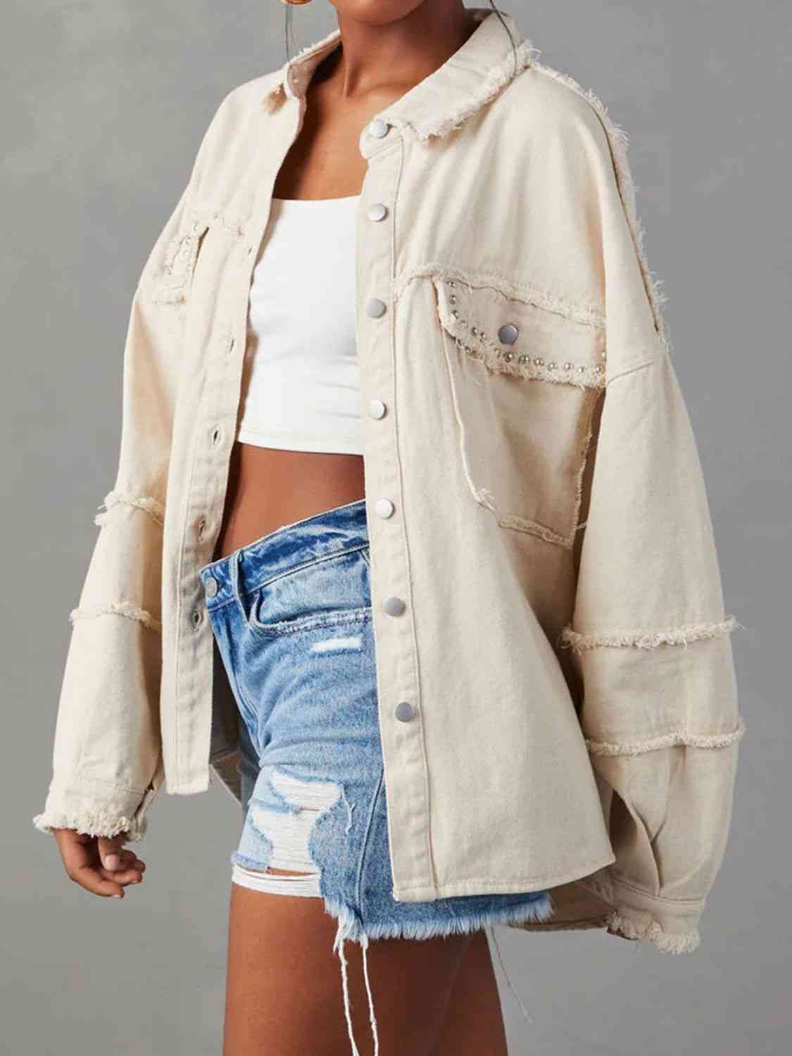 Oversized Raw Hem Button Front Long Sleeve High Low Denim Jacket 2