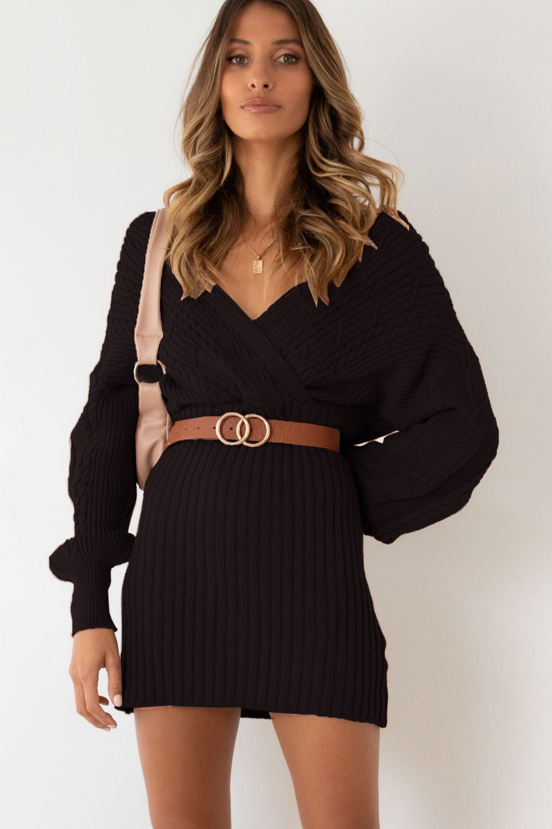 Knit Cable V Neck Bodycon Midi Dress
