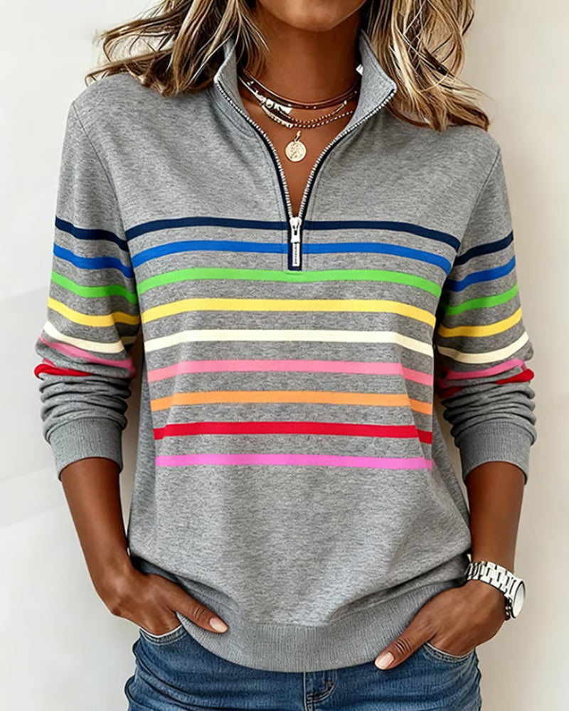 Striped Quarter Zip Mock Neck Long Sleeve Sweatshirt