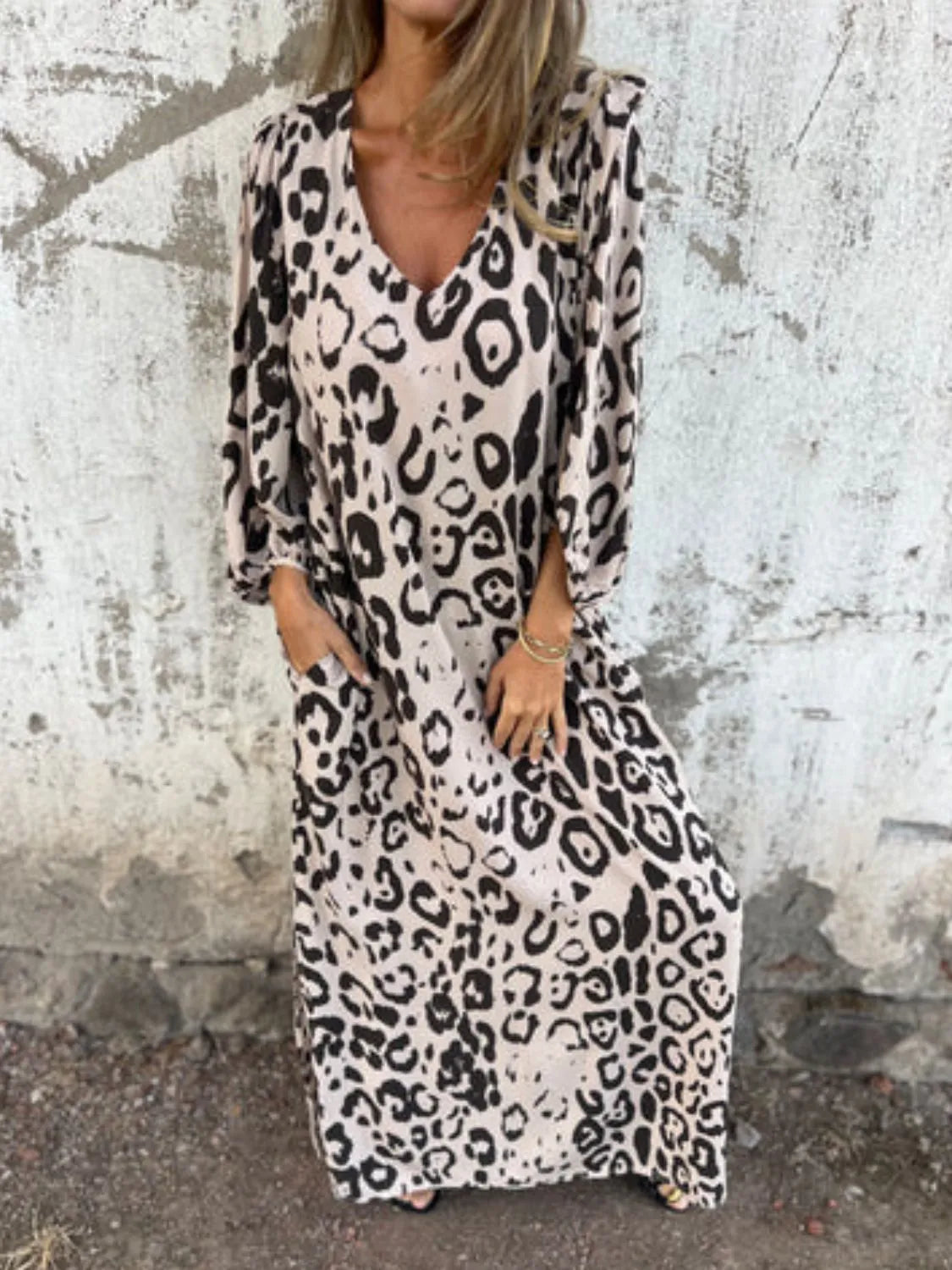 Full Size Printed V-Neck Dress with Pockets Plus Size Eggshell