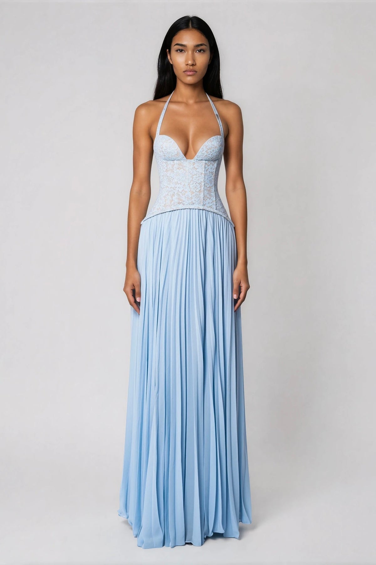 Halter Neck Deep V-Neck Lace Corset Maxi Dress 9