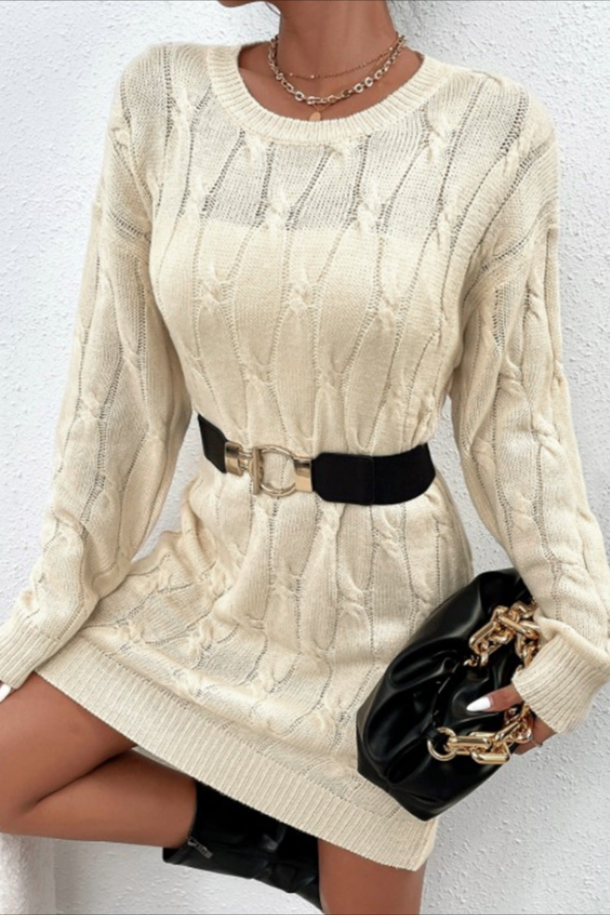 Crew Neck Long Sleeve Cable Knit Mini Sweater Dress