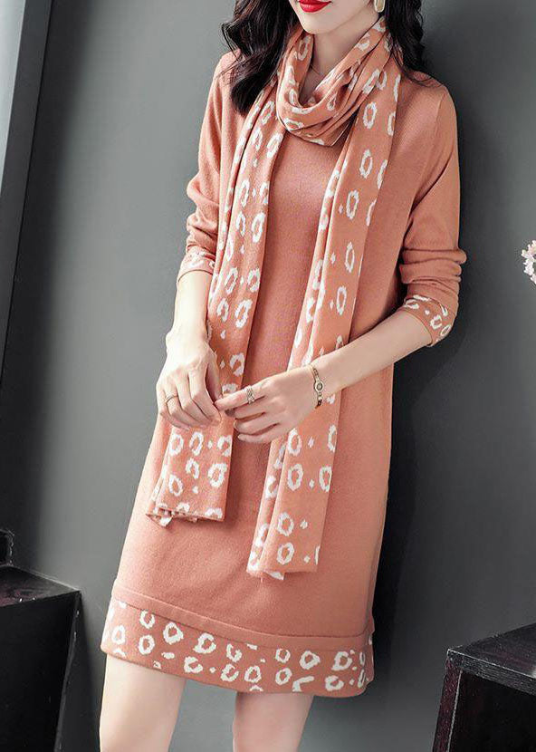 Animal Print Cuff Hem Long Sleeve Knit Dress Scarf Set