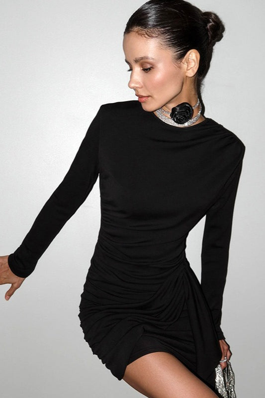 Round Neck Long Sleeve Ruched Wrap Mini Dress