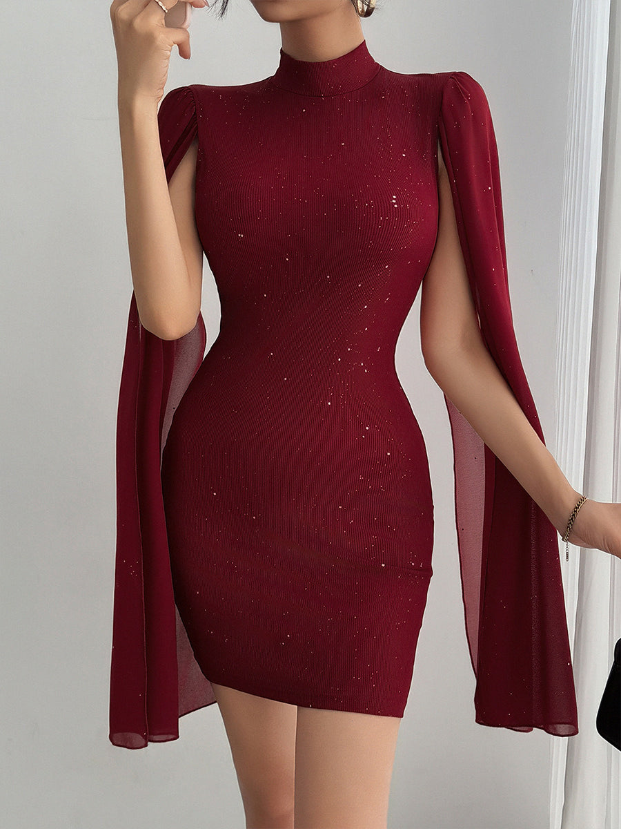 Rhinestone Spliced Round Neck Slim Fit Mini Dress - View 9