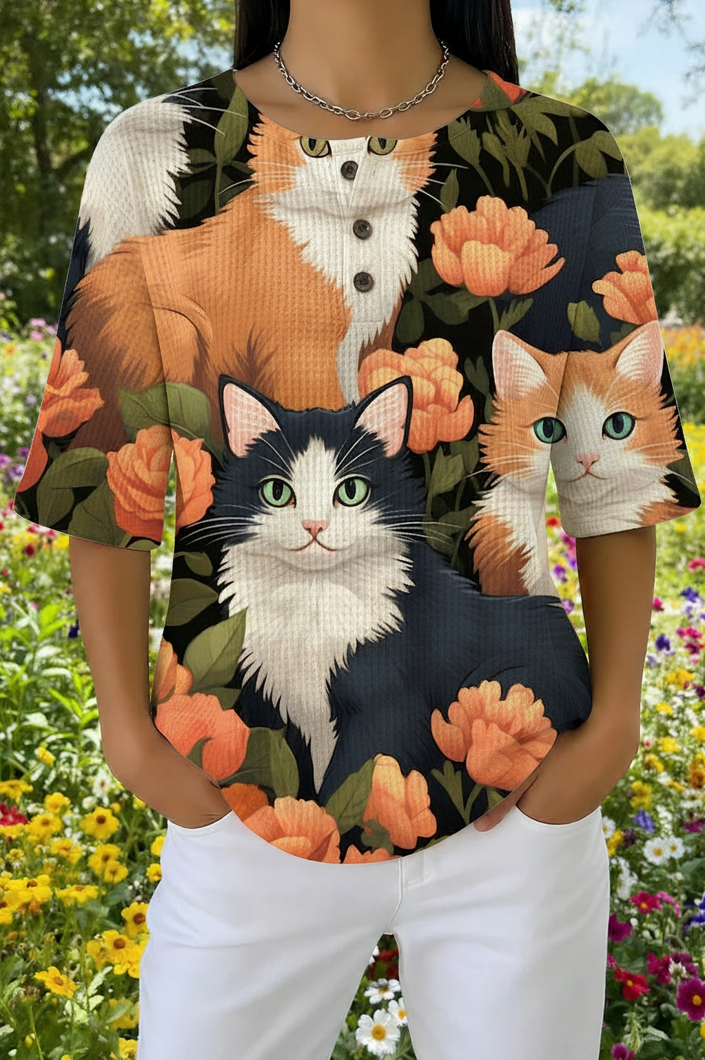 Cat and Floral Print Waffle Knit Short Sleeve Henley Top