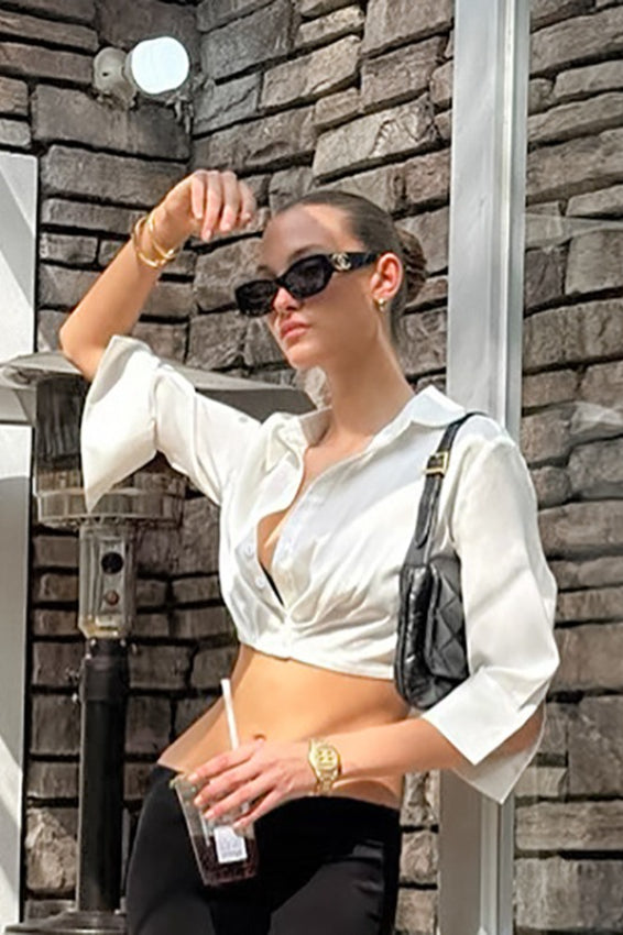 Satin Lapel Cropped White Blouse