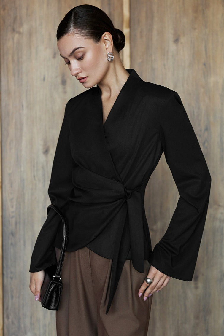 V-Neck Wrap Front Side Tie Long Sleeve Blouse 5