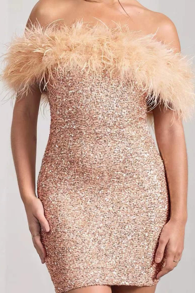 Sequin Off Shoulder Feather Trim Bodycon Mini Dress