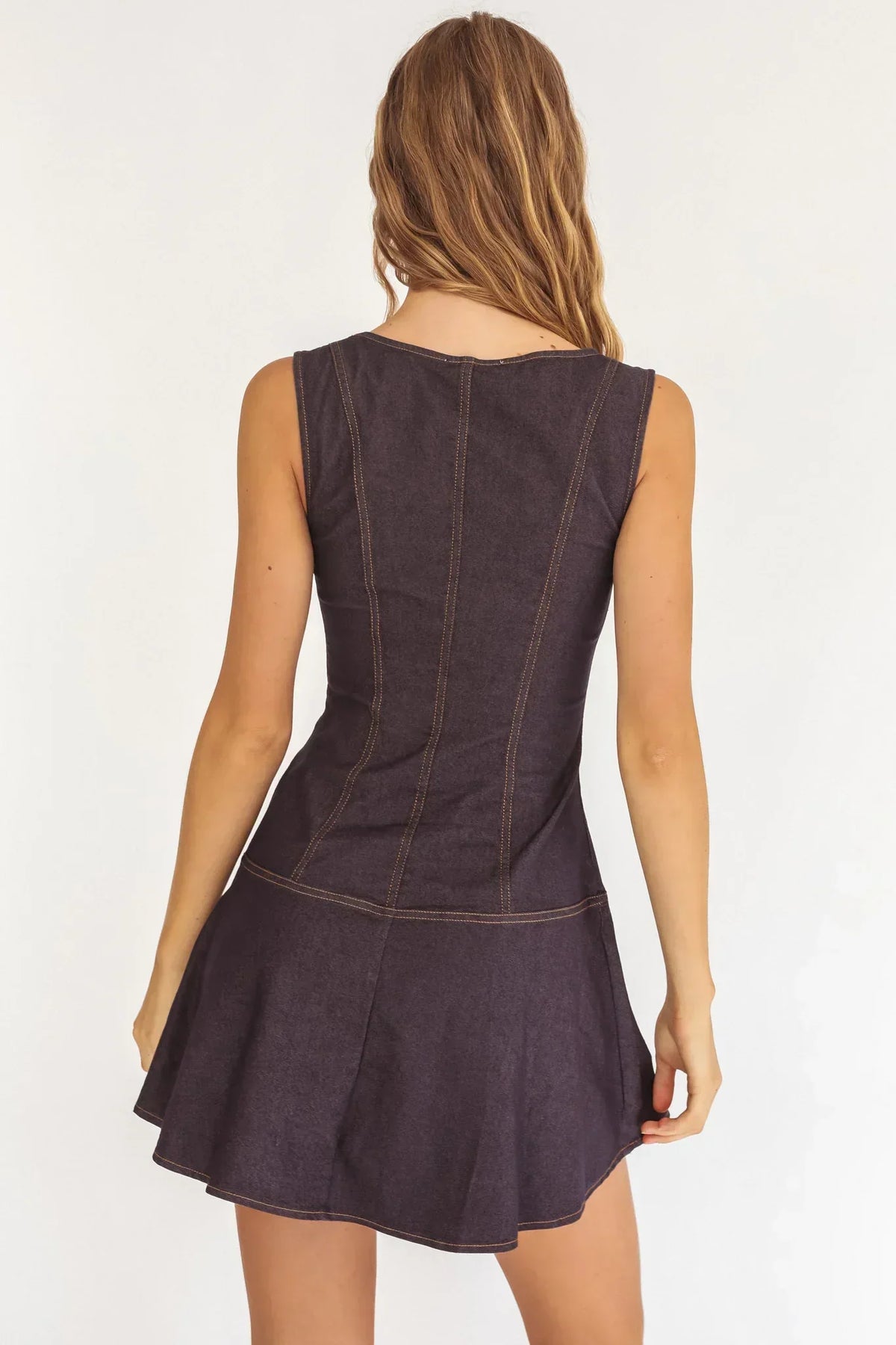 Denim-Look Square Neck Button Front Drop Waist Flared Mini Dress 2