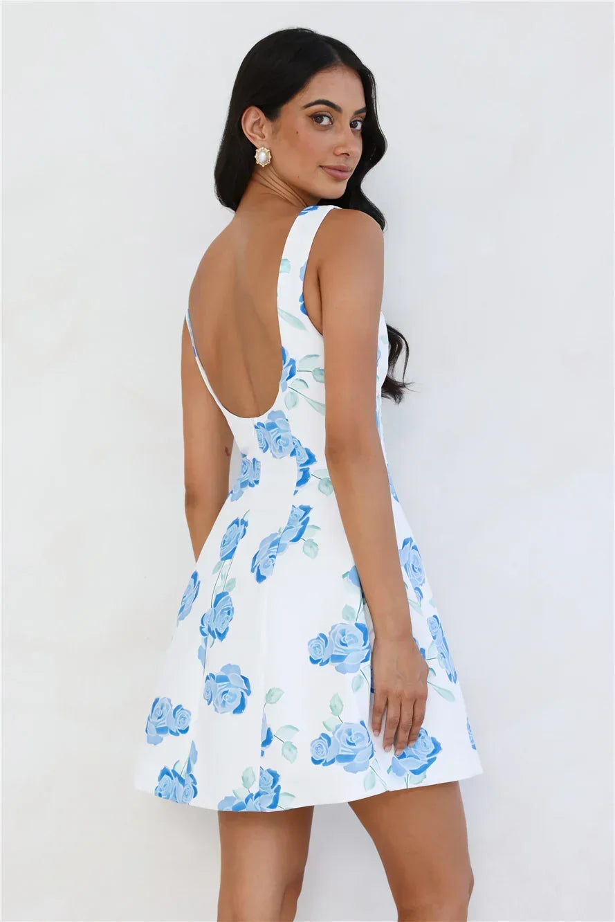 Rose Print Boat Neck Sleeveless Fit and Flare Mini Dress 10