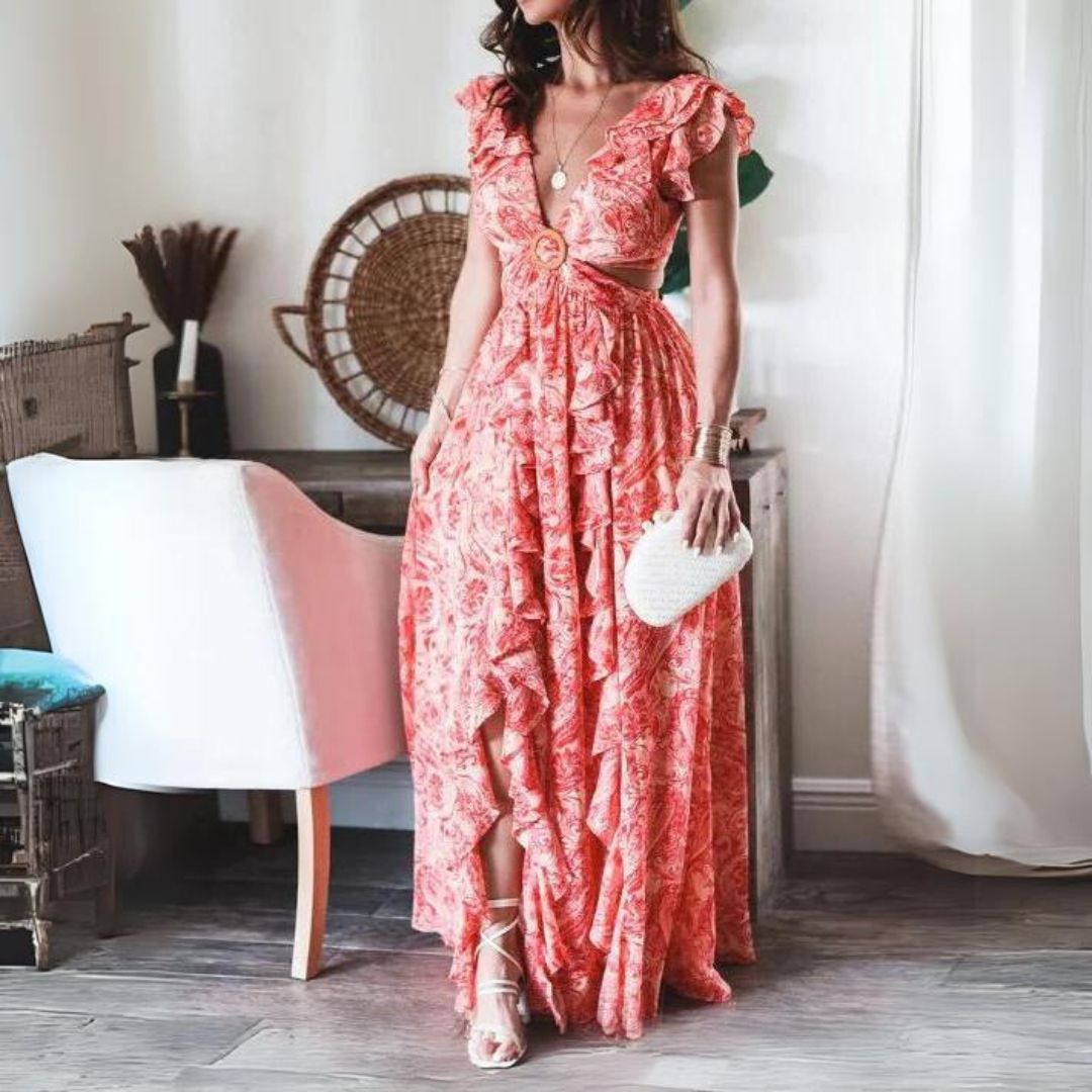 Paisley Print Deep V-Neck Flutter Sleeve Cut Out Tiered Ruffle High Split Maxi Dress
