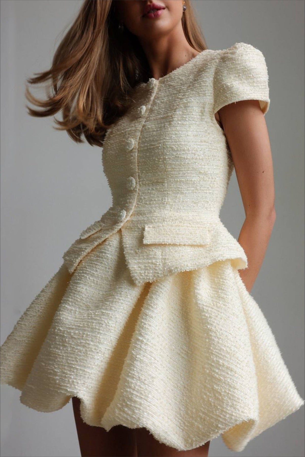 Short Sleeve Tweed Peplum Jacket and Bubble Hem Mini Skirt Two Piece Set