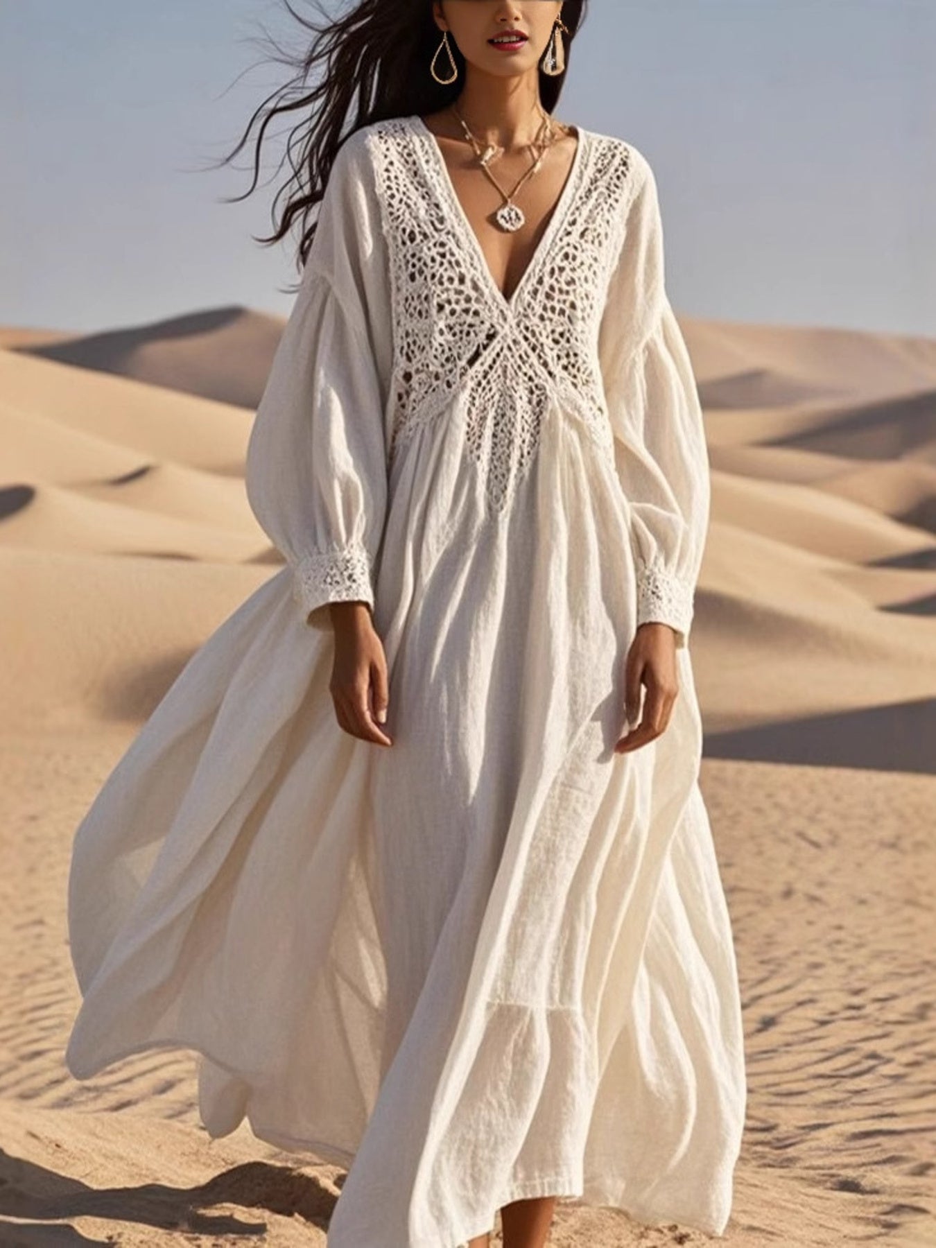 Crochet Trimmed V-Neck Midi Dress White