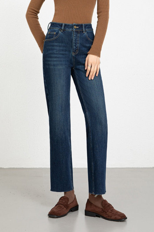 High Waist Straight Leg Raw Hem Ankle Length Denim Jeans