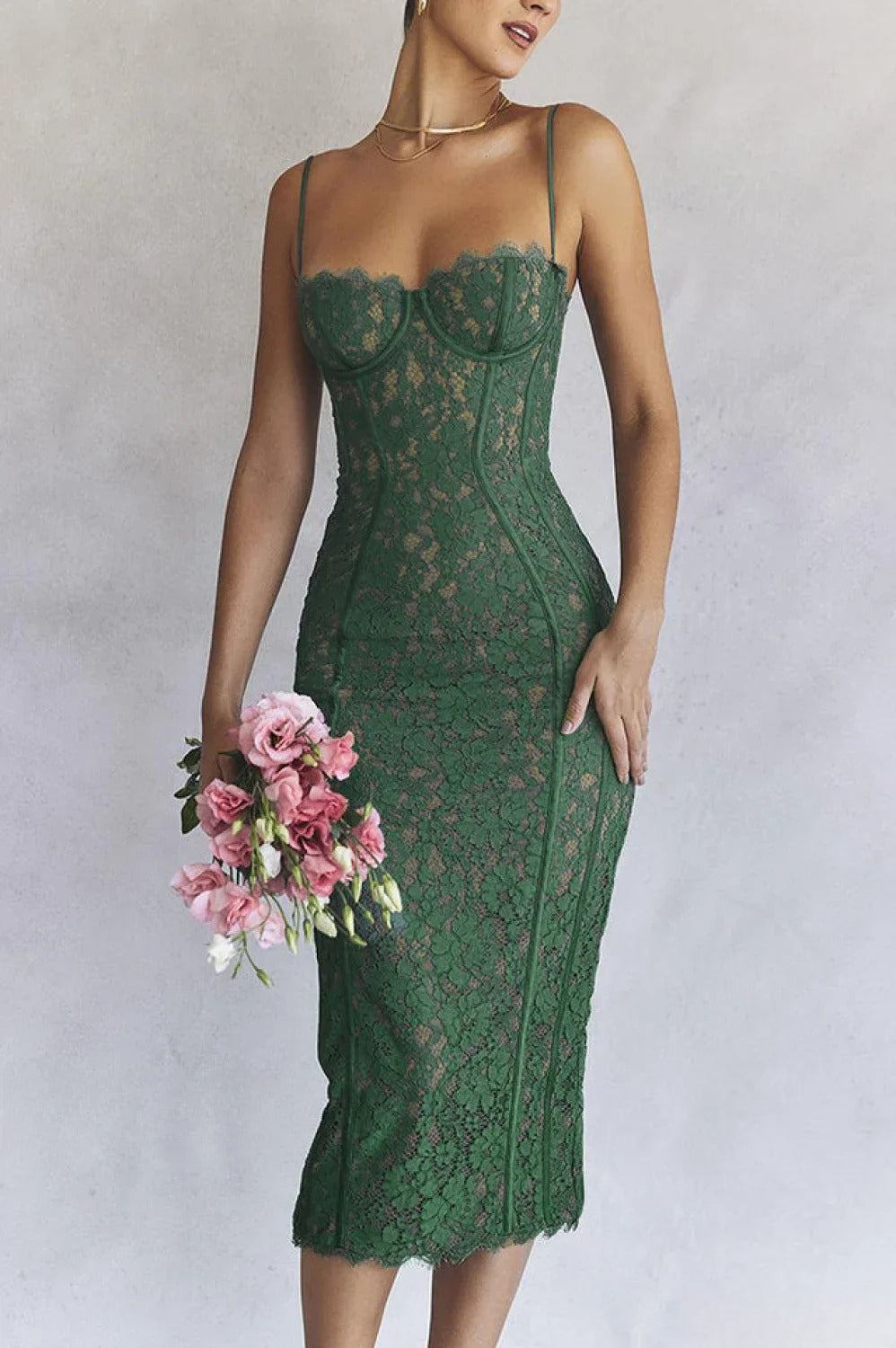 Lace Spaghetti Strap Corset Bodice Scalloped Hem Bodycon Midi Dress 3