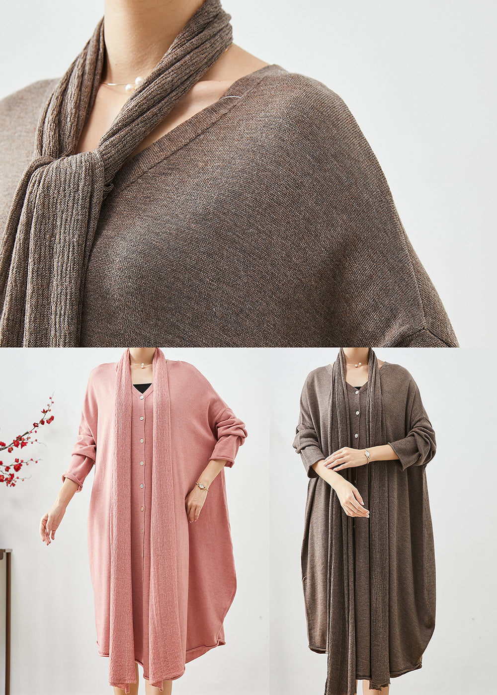 Knit Scarf Neck Long Sleeve Oversized Draped Hem Midi Sweater Dress