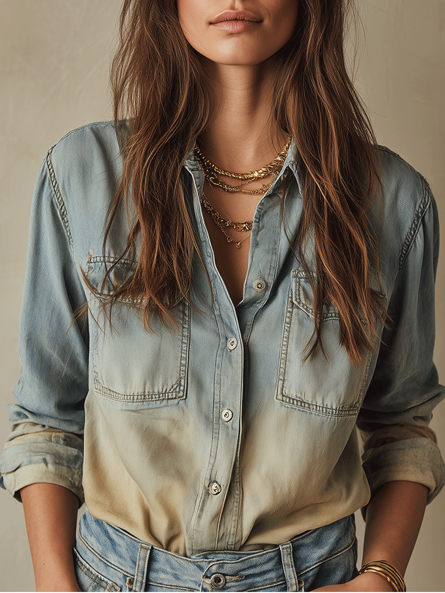 Casual Retro Light Wash Gradient Denim Shirt
