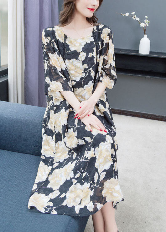 Floral Lace Trim Elbow Sleeve Round Neck Shift Midi Dress