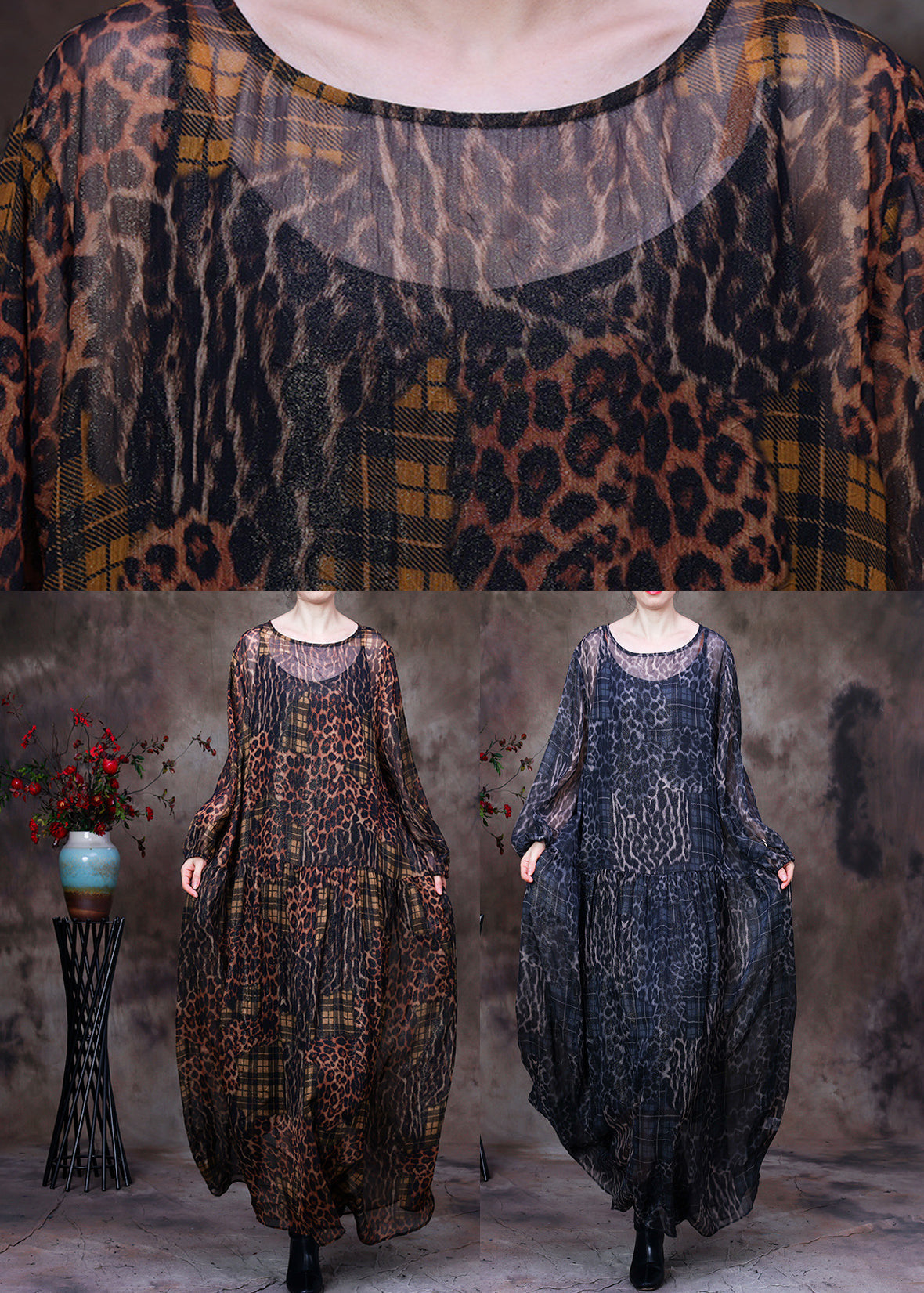 Sheer Leopard Plaid Patchwork Long Sleeve Balloon Sleeve Maxi Dress