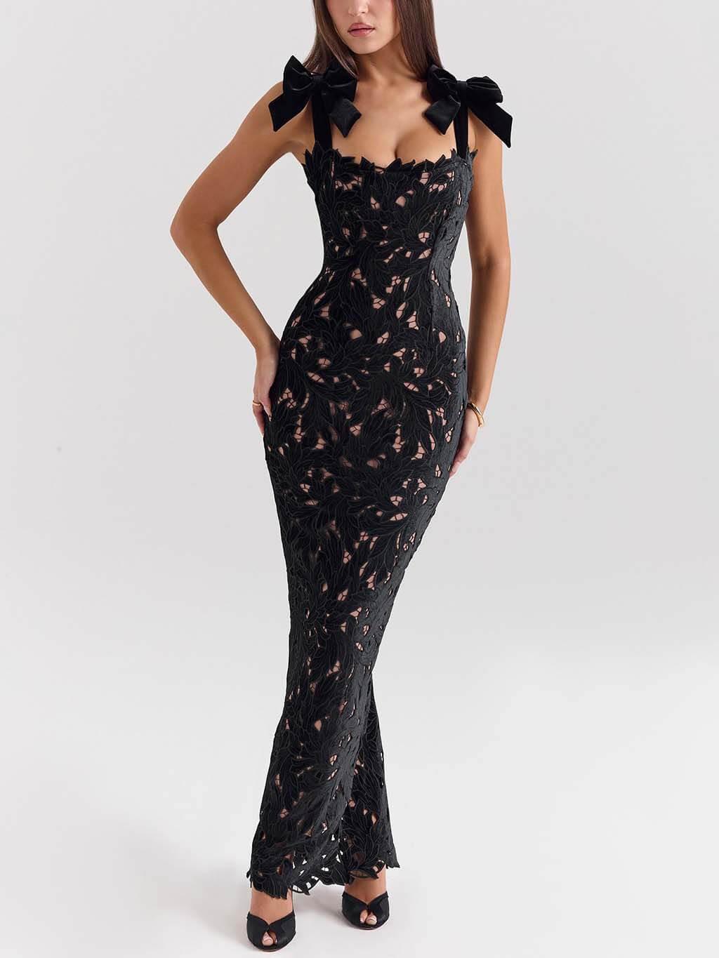 Elegant Bow Strap Festive Maxi Dress Black