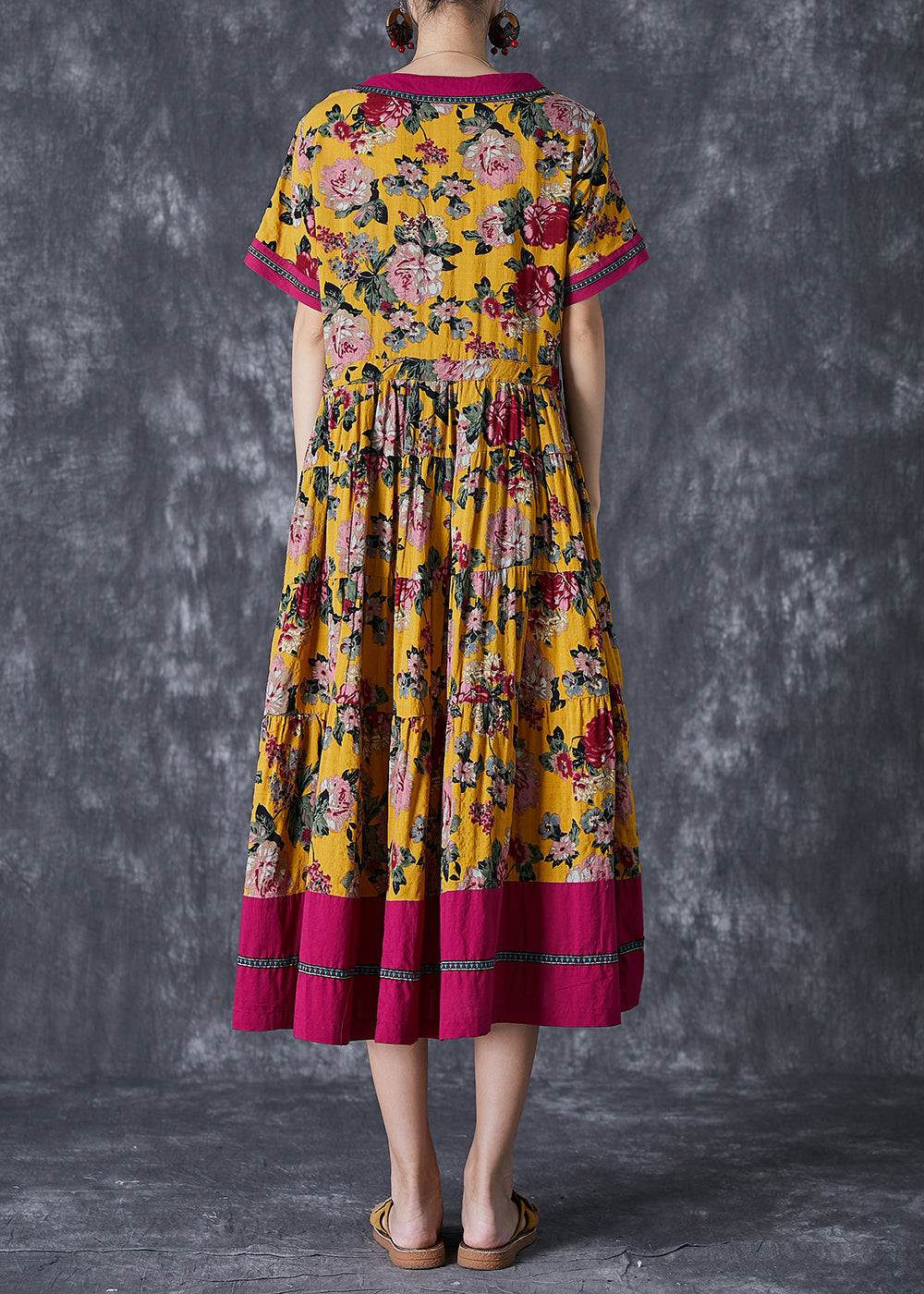 Floral Print V-Neck Contrast Trim Short Sleeve Drawstring Waist Tiered Midi Dress