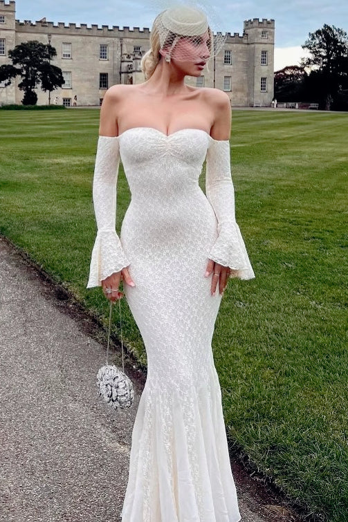 Lace Off Shoulder Bell Sleeve Sweetheart Mermaid Gown