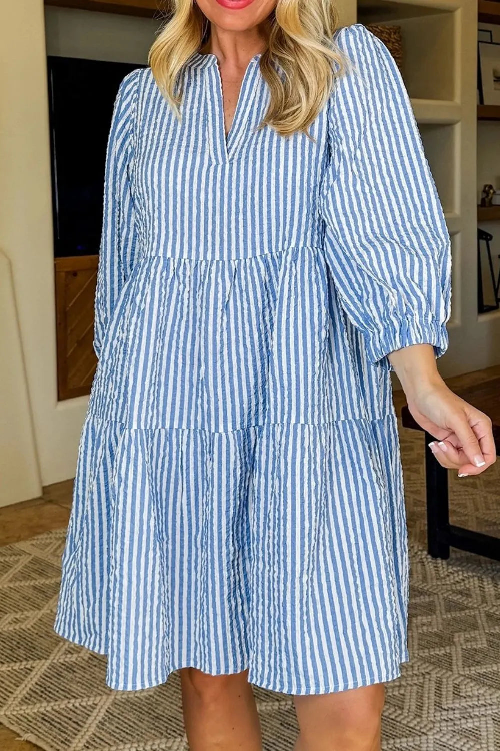 Striped Seersucker Notched Neck Balloon Sleeve Tiered Shift Dress with Pockets 3