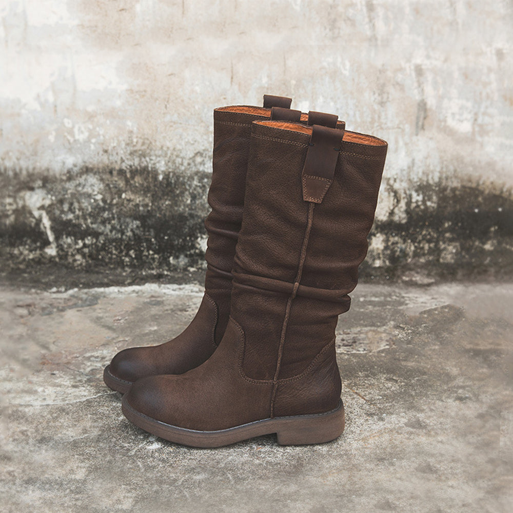 Nubuck Leather Mid Calf Boots Fold Design Riding Boots Short Plush Lined Or Leather For Choice Coffee/Black