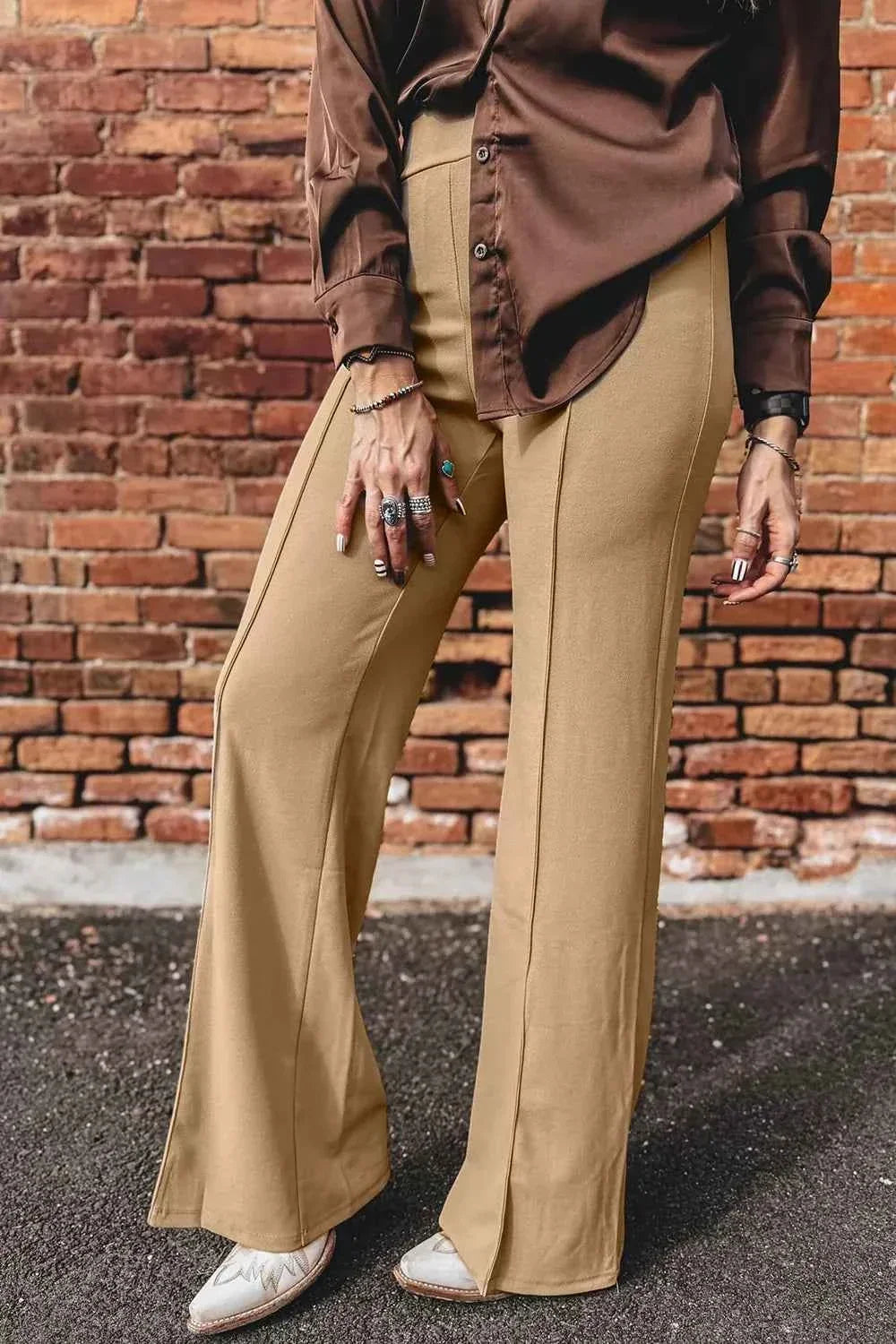 High Waist Front Seam Pull On Flare Leg Pants 4