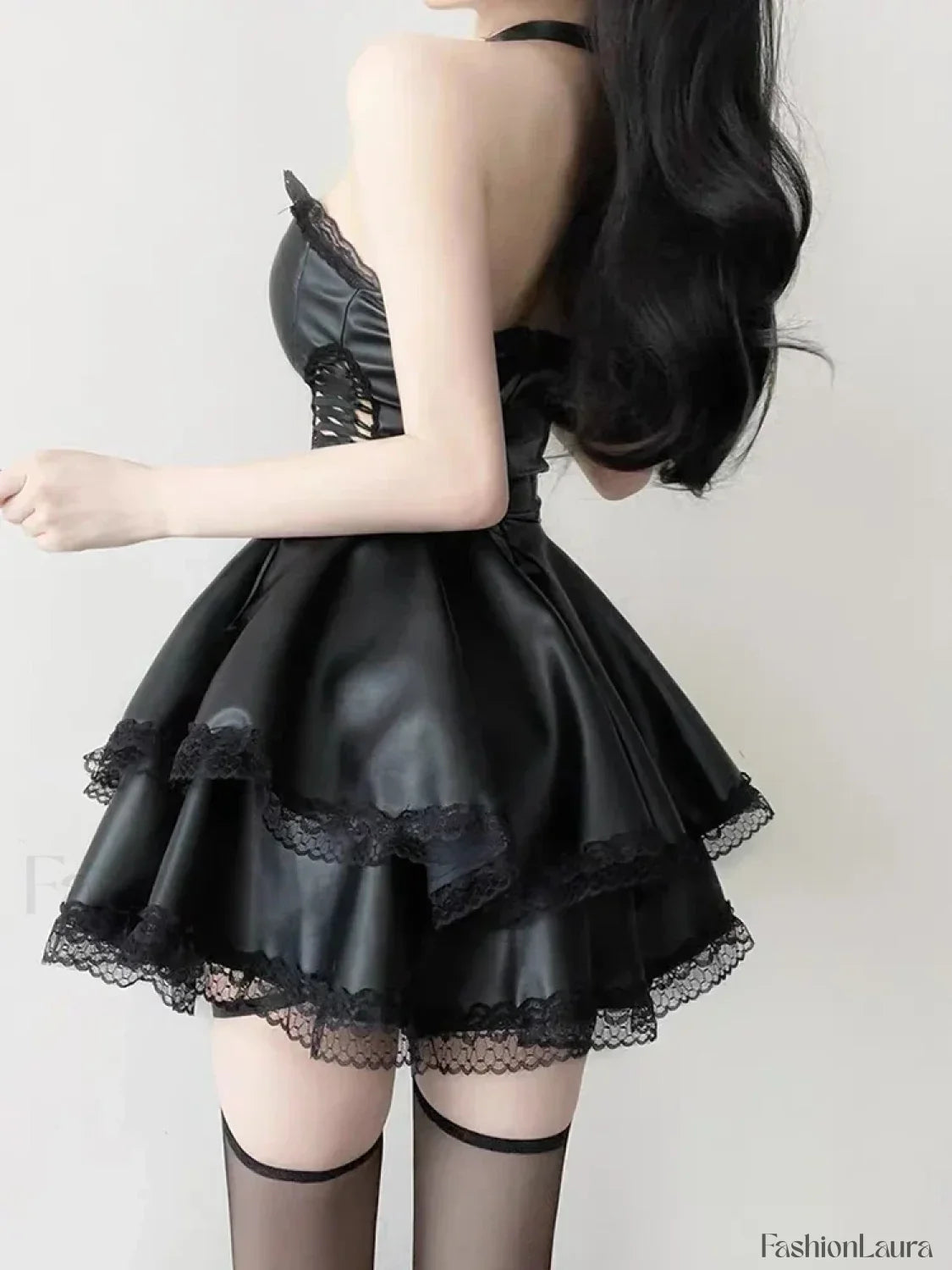 90s Waist Hollow Corset Mini Black High Vintage Party Lace-up Gothic Out Dress