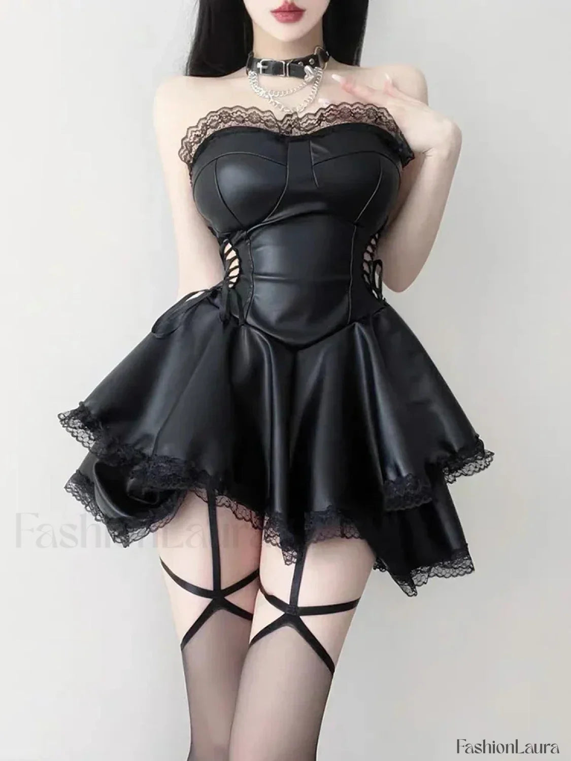 90s Waist Hollow Corset Mini Black High Vintage Party Lace-up Gothic Out Dress