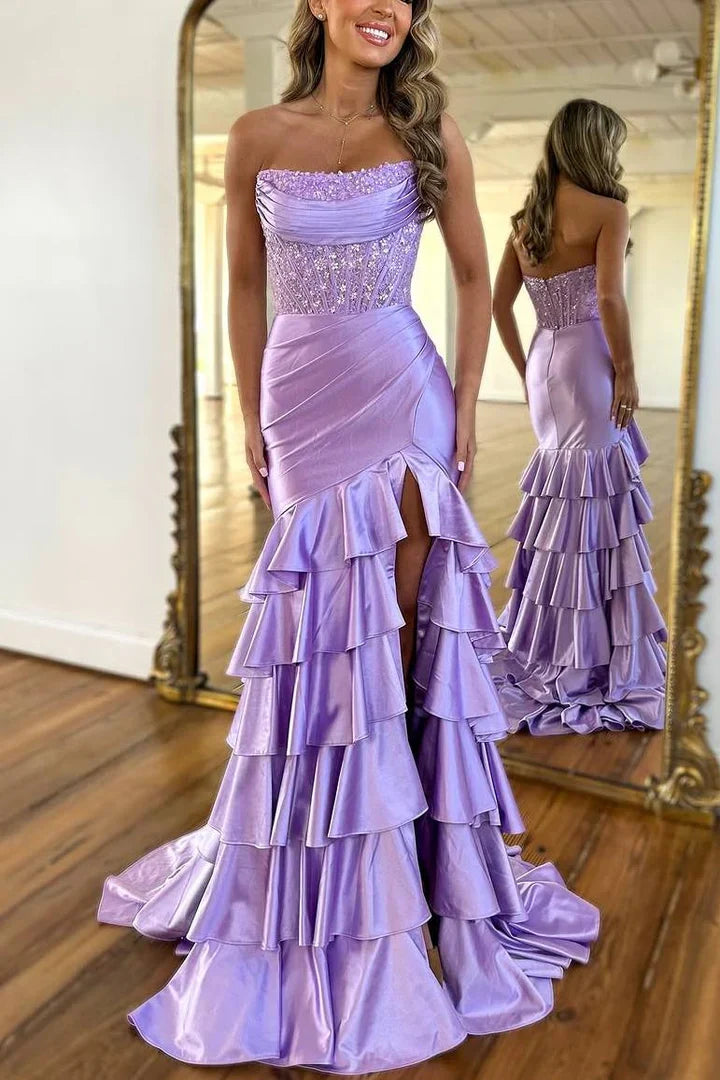 Stylish Pink Mermaid Strapless Long Tiered Satin Prom Dress with Sequin
