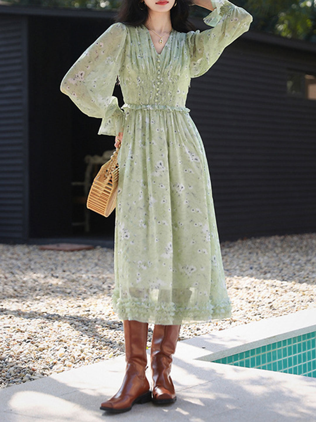 Floral Print V-Neck Button Front Smocked Waist Balloon Sleeve Ruffle Hem Mini Dress