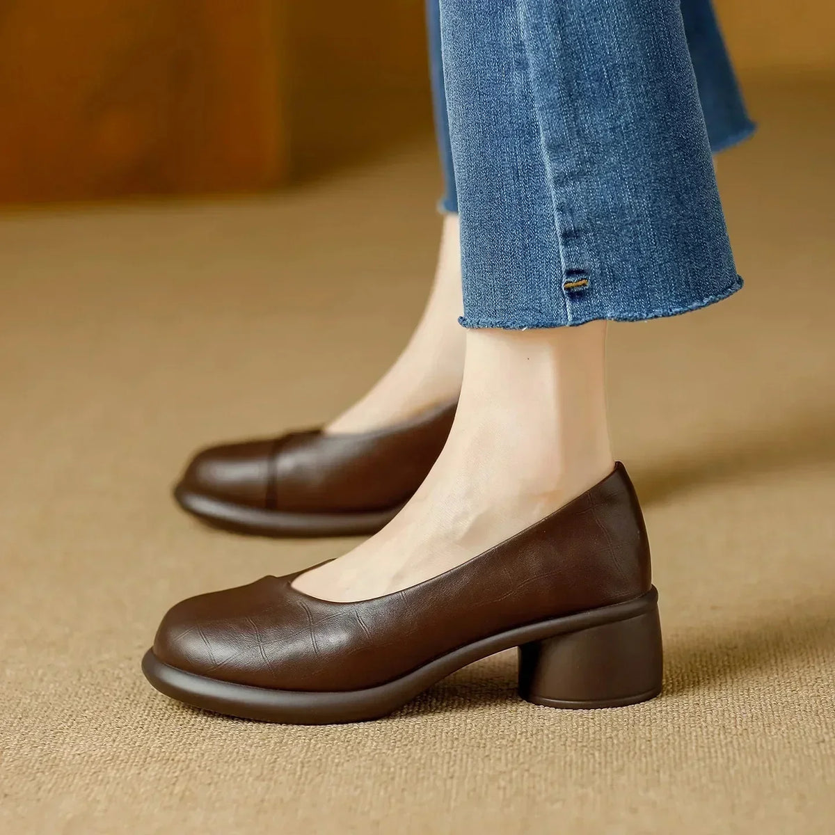 Round Toe Slip On Chunky Block Heel Pumps