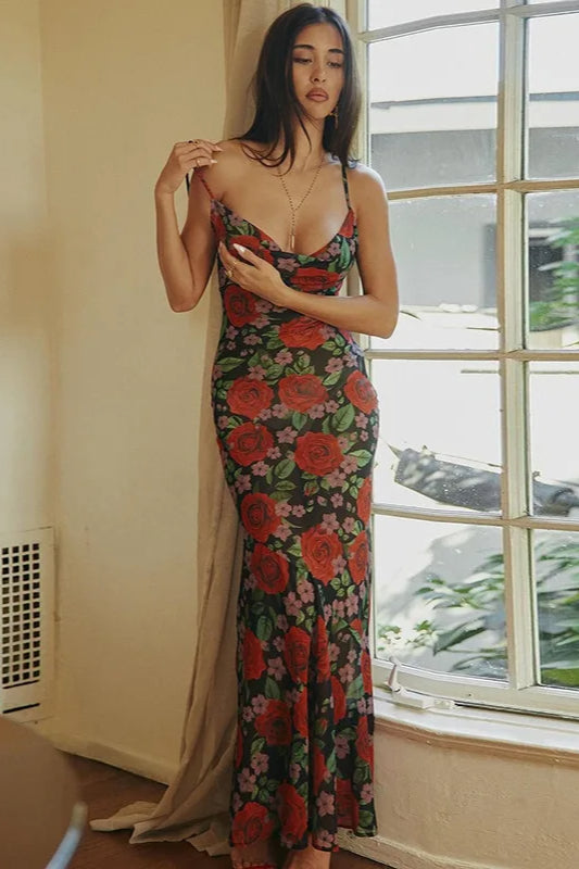 Floral Print Draped Sleeveless See-Through Maxi Dress