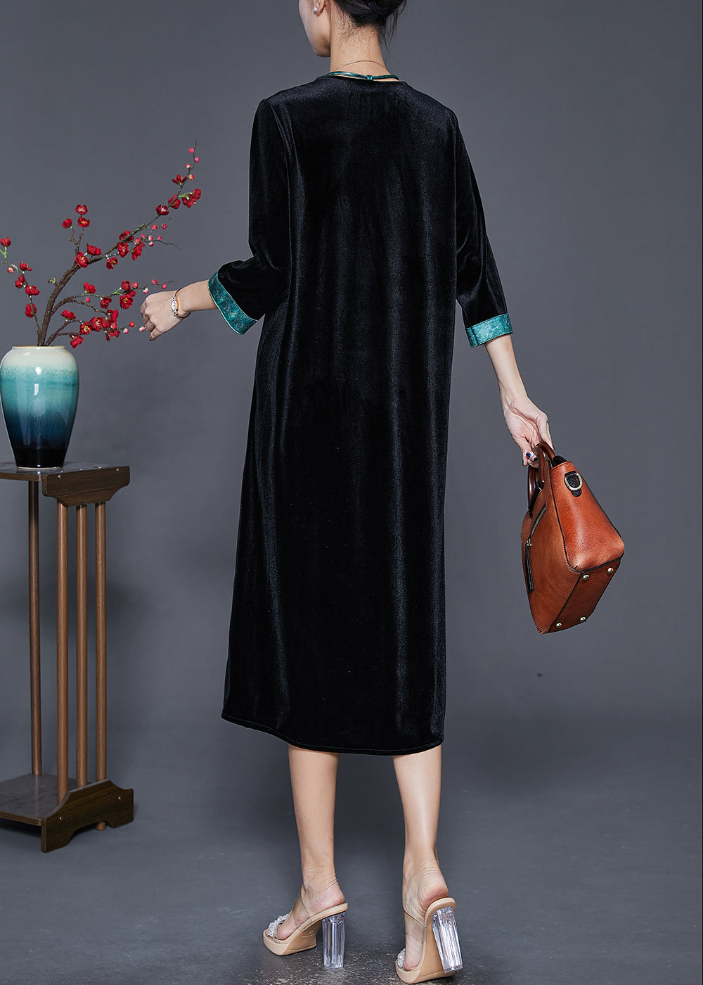 Velvet V-Neck Embroidered Tassel Tie Three Quarter Sleeve A-Line Midi Dress