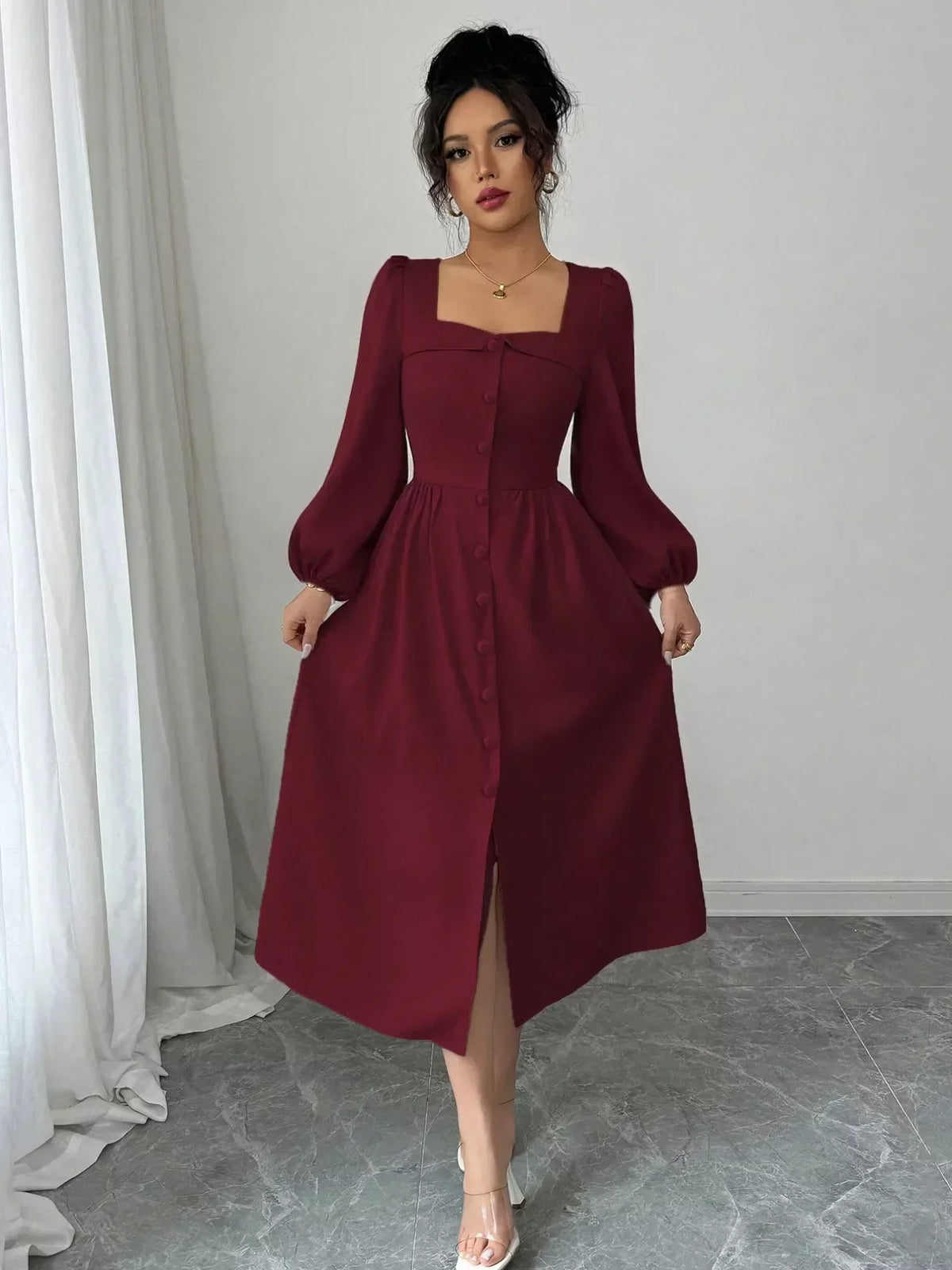 Square Neck Balloon Sleeve Button Front A-Line Midi Dress 3