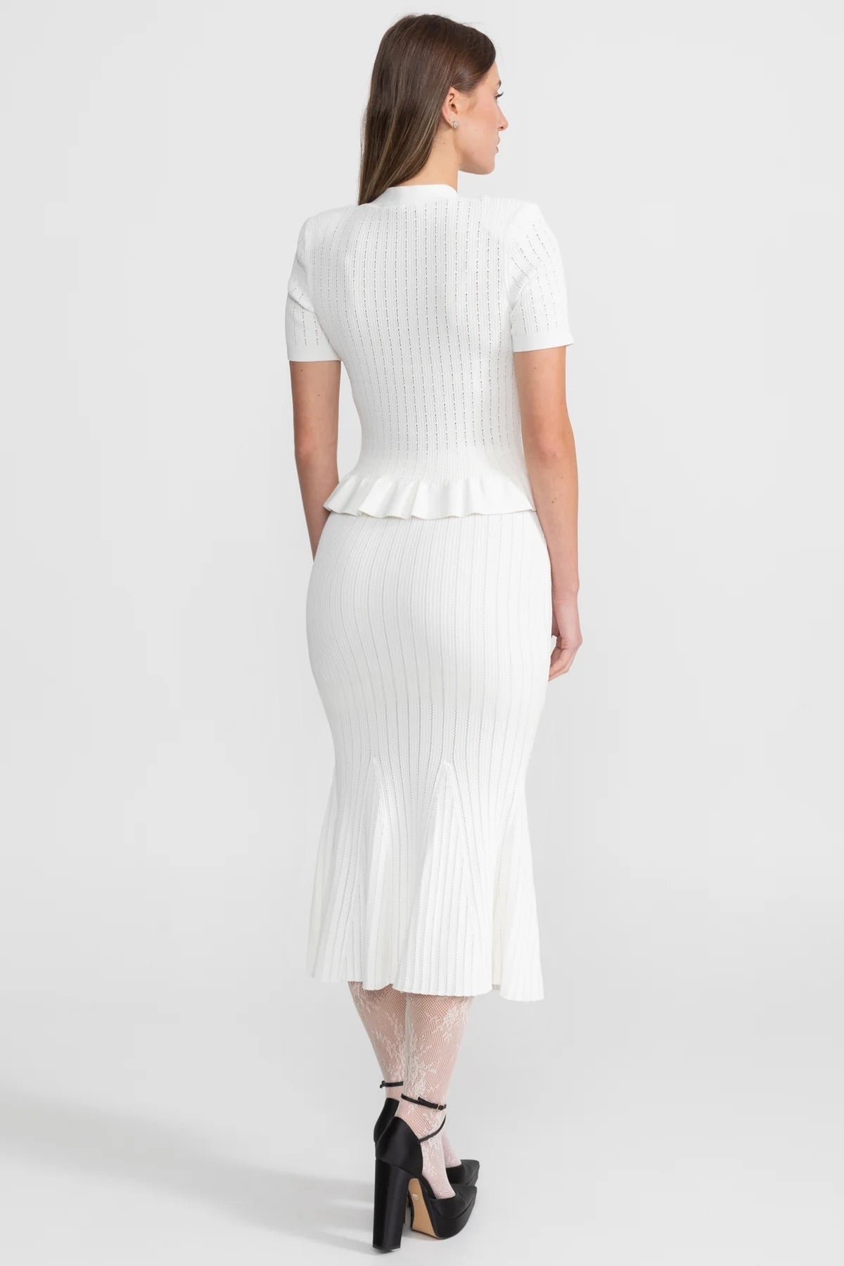 Pointelle Knit V-Neck Peplum Button Top and Flared Midi Skirt Two Piece Set 3