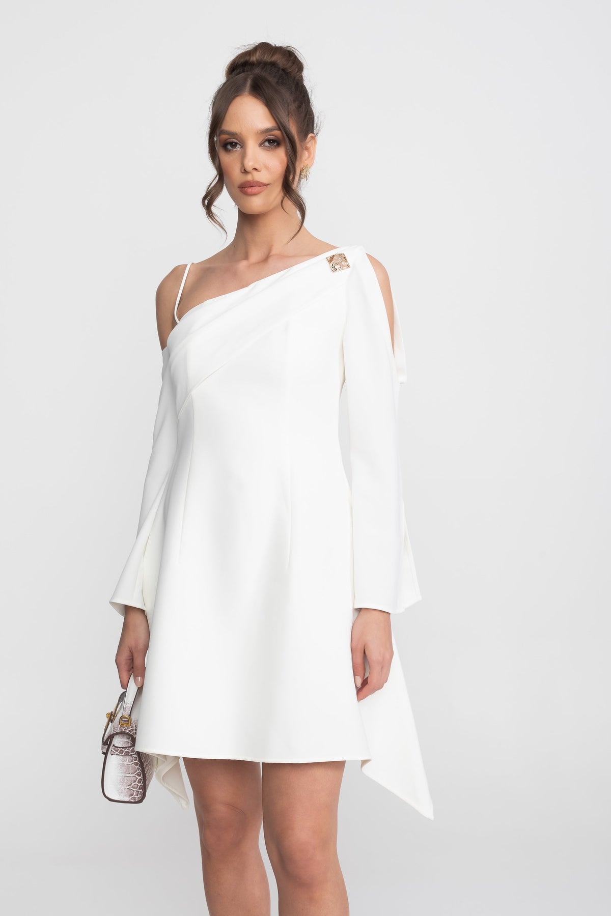 Asymmetric Neck Cold Shoulder Long Sleeve Draped Side Mini Dress
