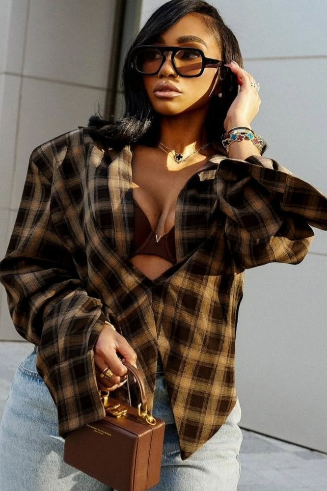 Plaid Collared Asymmetric Loose Chic Short Sleeve Blouse